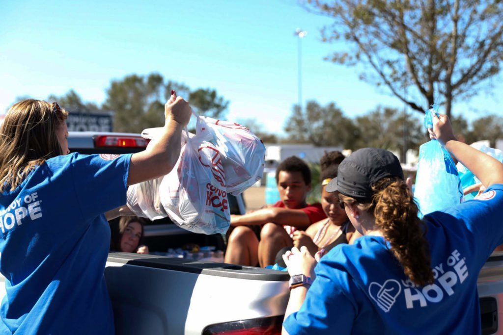 Volunteers distribute relief supplies in Marianna, Florida.